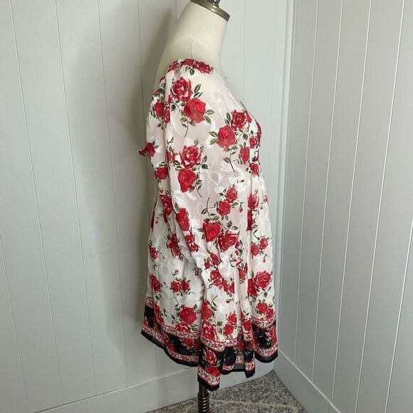 Blue Rain Women XS Square Neck White Red Floral Mini Peasant Dress Balloon Sleev - Picture 6 of 16